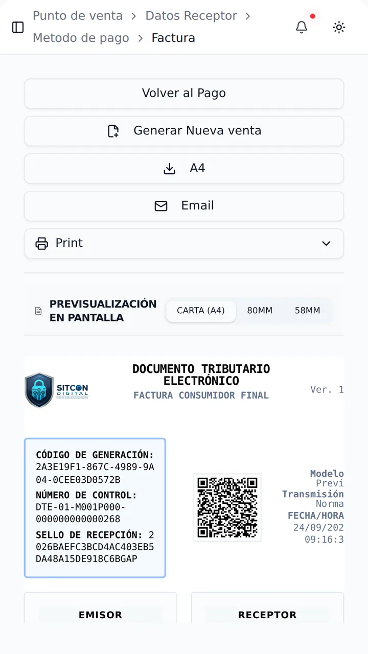 Documento tributario electrónico generado en BitGen con código de generación, número de control y código QR