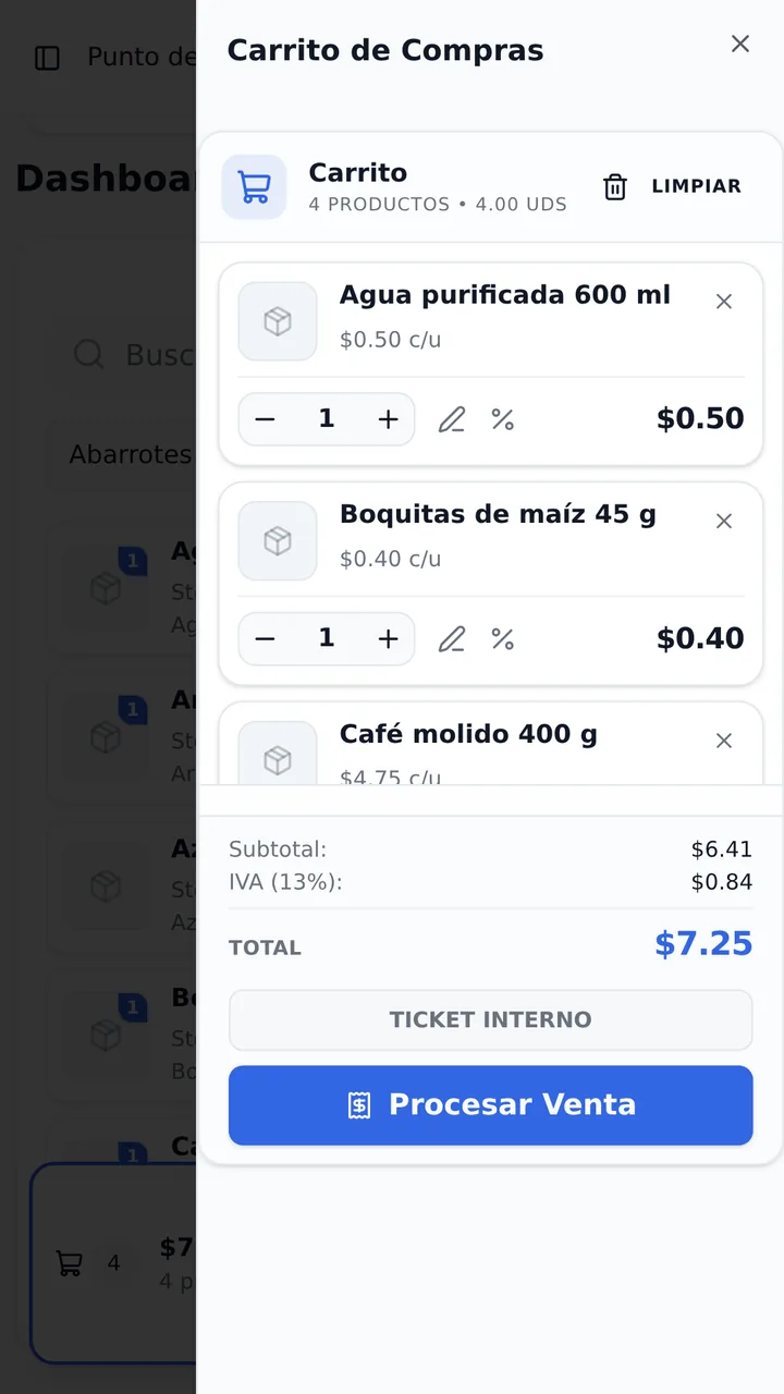 Carrito del punto de venta de BitGen con productos, subtotal, IVA y total