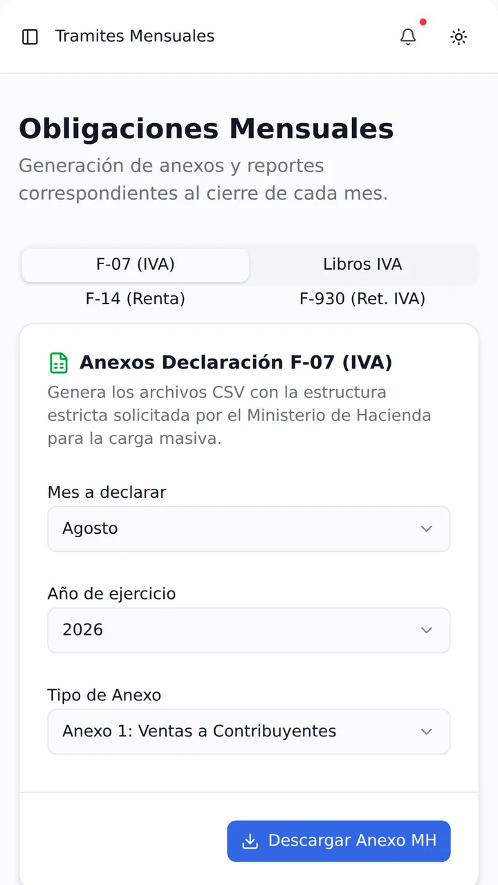 Pantalla de obligaciones mensuales de BitGen para generar los anexos del F-07
